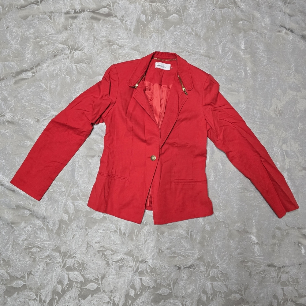 Women Red Calvin Klein Blazer Size 2P Zippered Collared Classy Preppy Academia